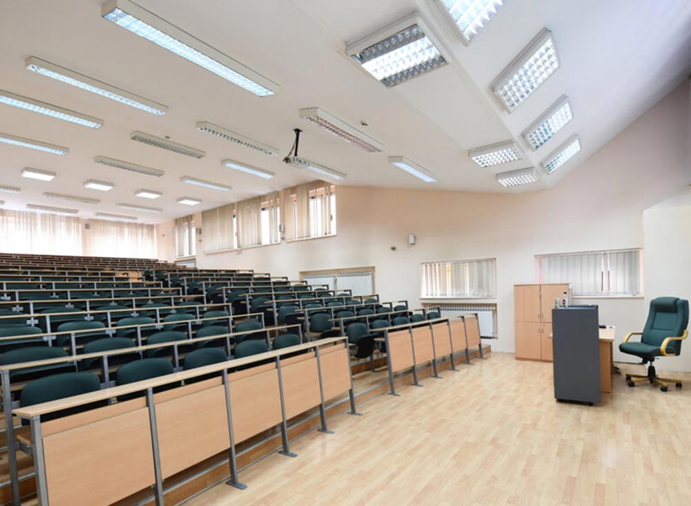 Empty lecture hall in a school seen from the floor