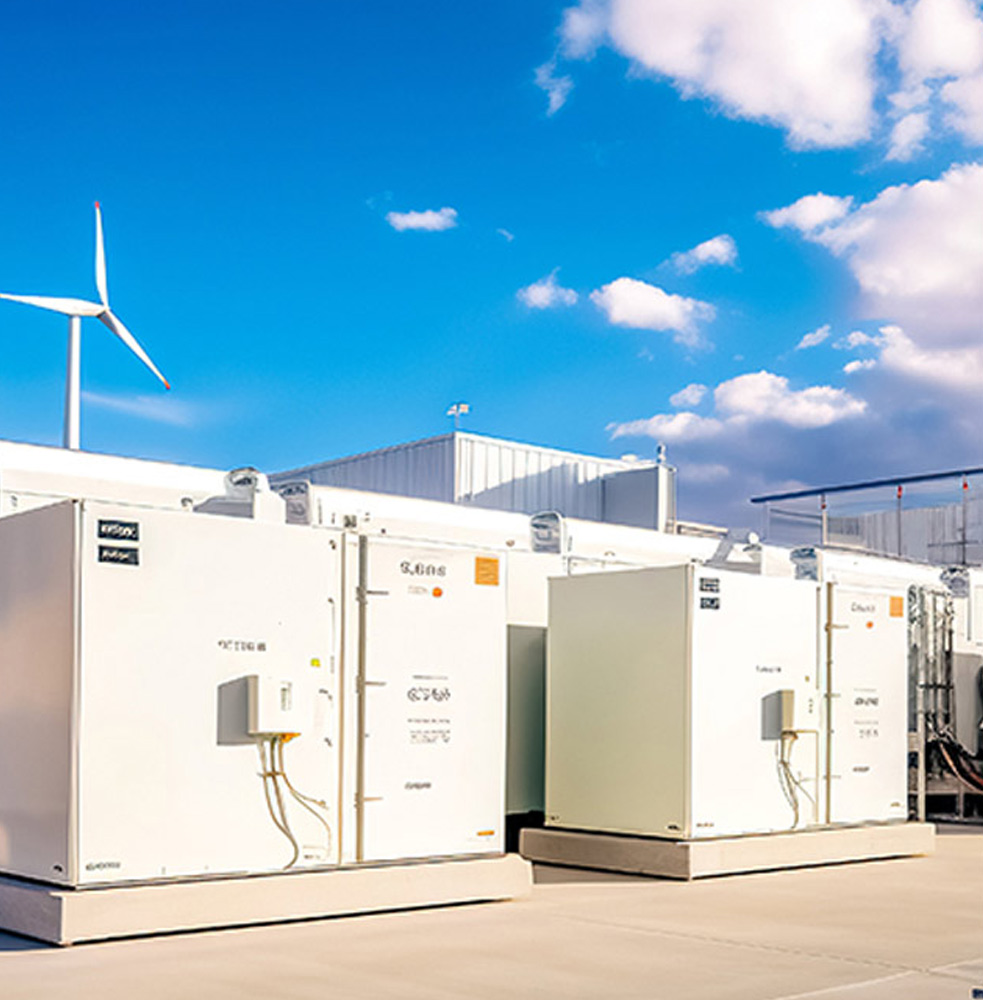 Outside energy storage containers with wind turbine in the background