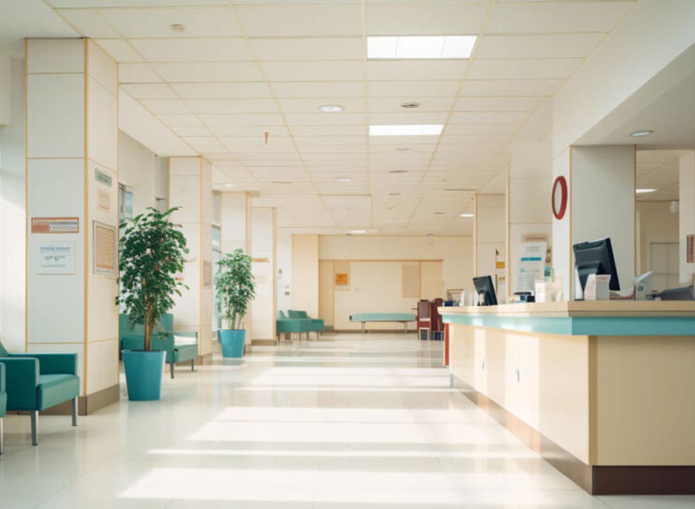 Main entrance to an empty hospital
