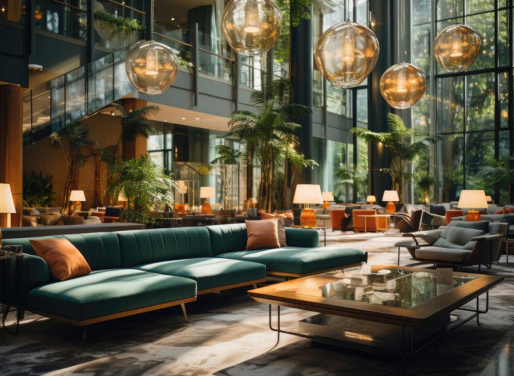 Lobby of a hip, upscale hotel or office building