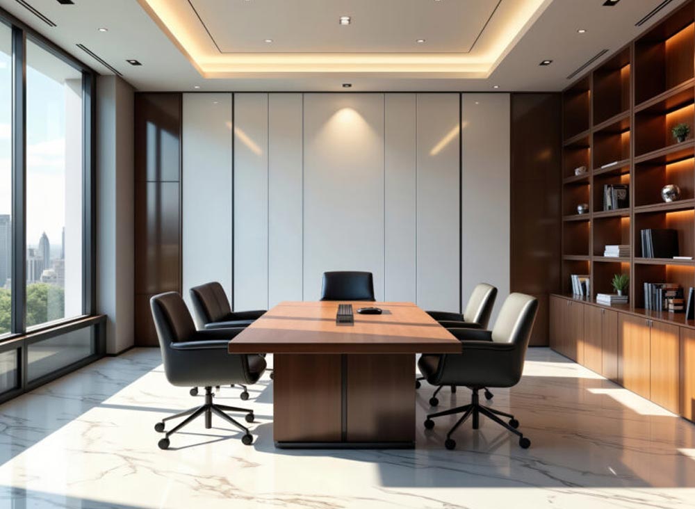 Office or meeting room in a law office with large windows and book shelves