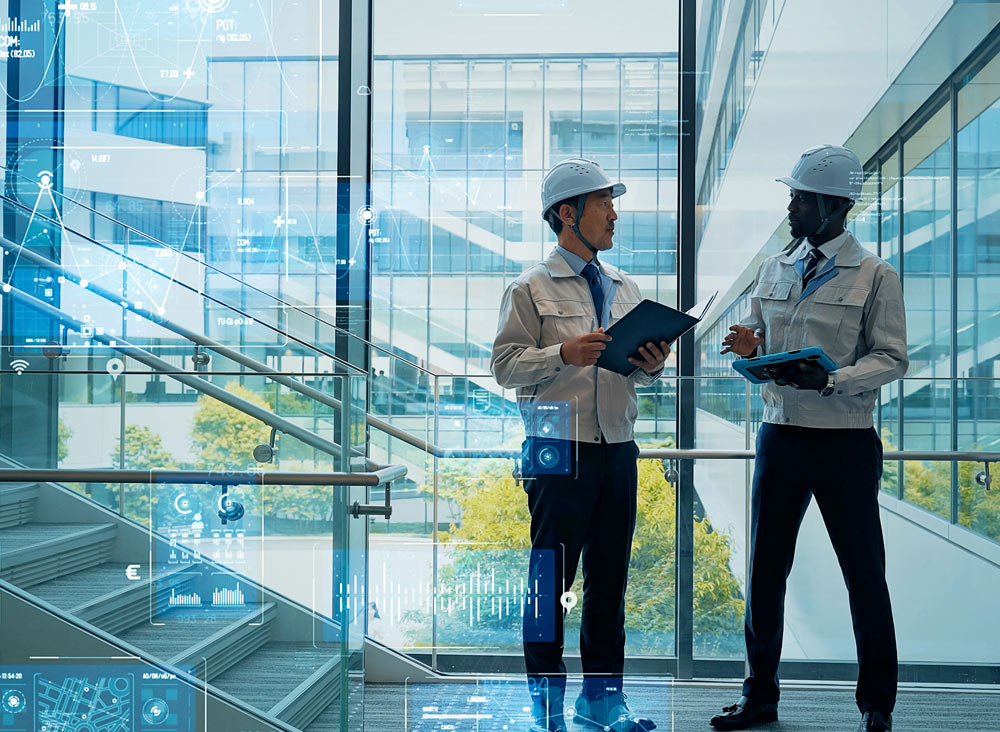 Two engineers talking in an atrium of a large building in the city