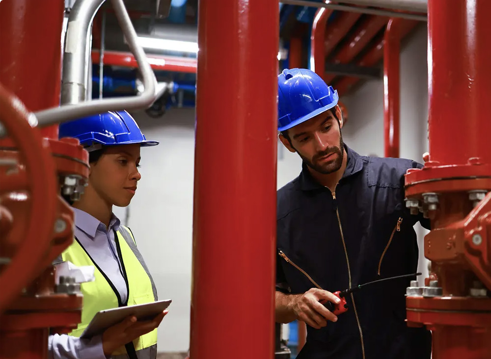 workers inspecting and potentially fixing a fire system