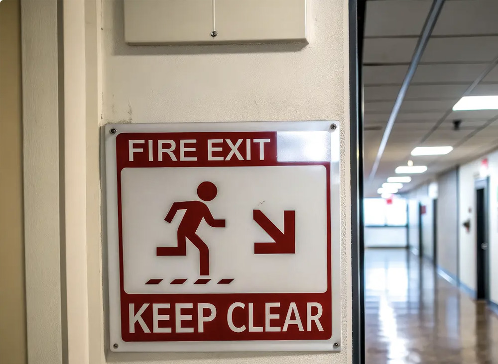 fire exit sign with an empty hallway in the background