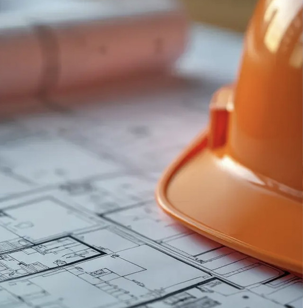 Hardhat resting on top of blueprints