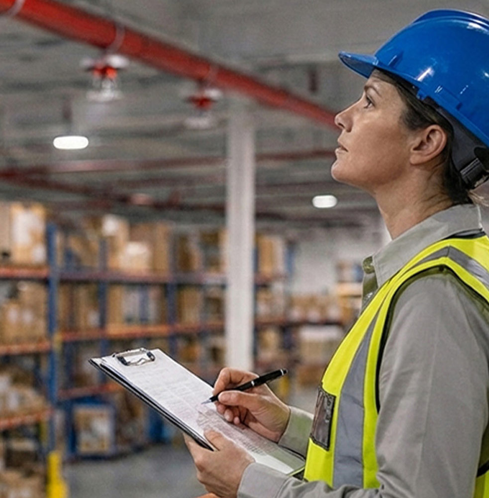 Woman with blue hardhat inspecting fire alarm system