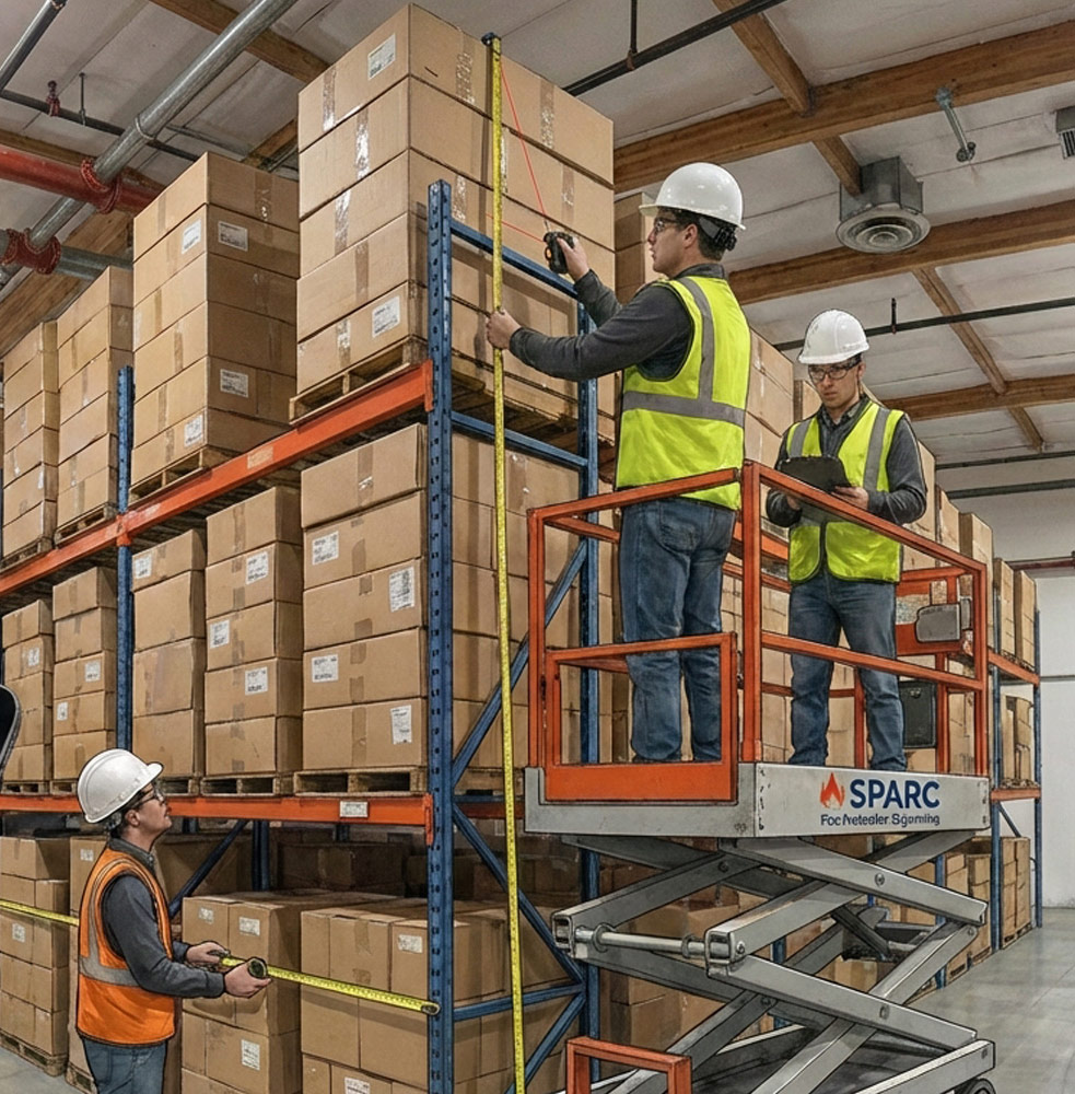 Guys standing on lifts measuring and inspecting warehouse crates