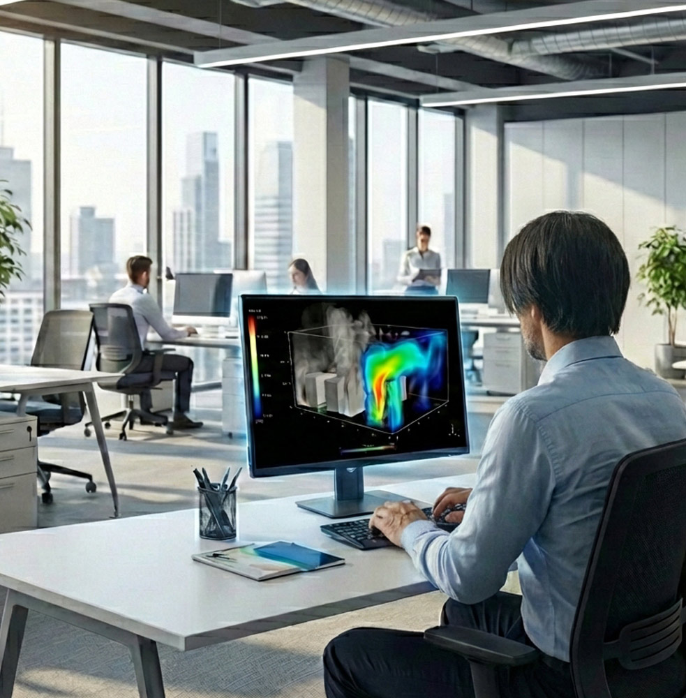 An engineer sitting at a computer in an office in the city looking at fire maps