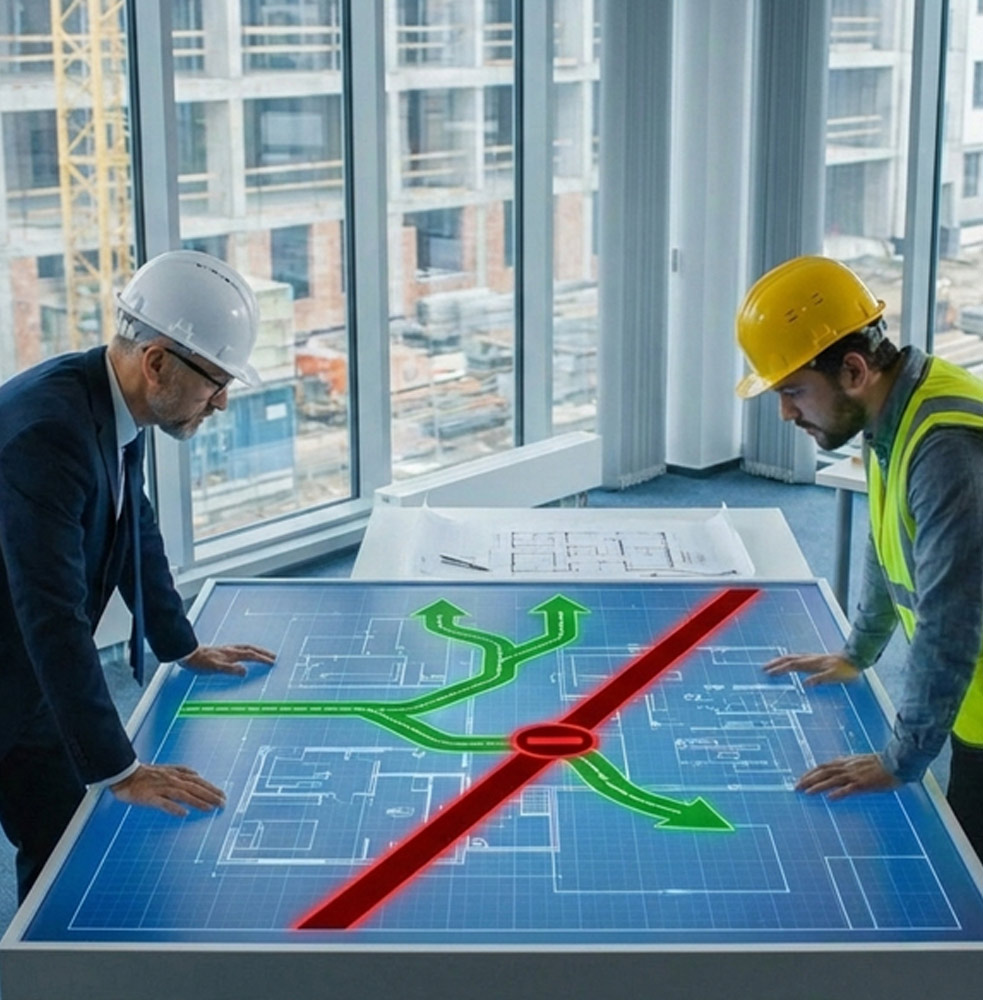 Two men looking at stylized blueprint in a highrise in the city