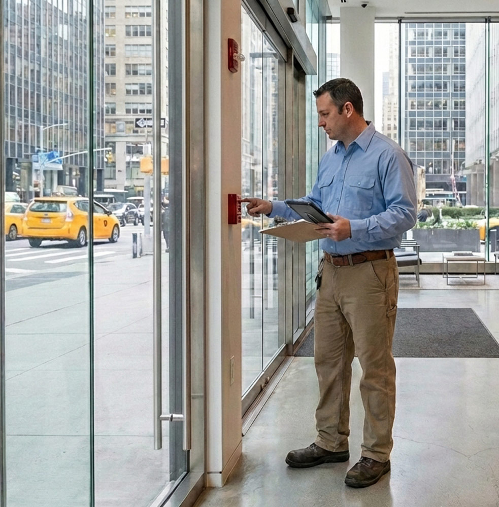 man in building in the city testing a fire alarm