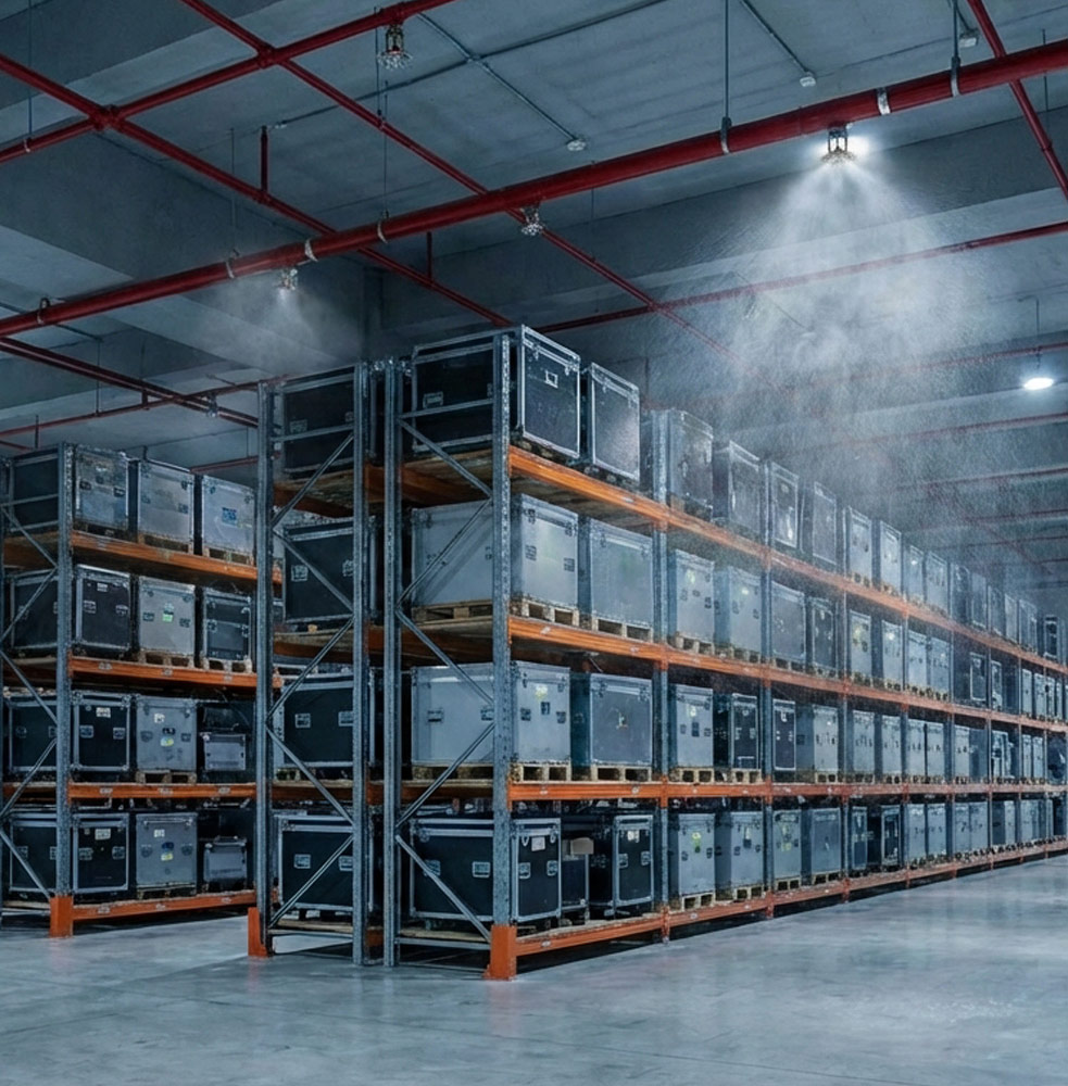 Sprinklers spraying water in warehouse