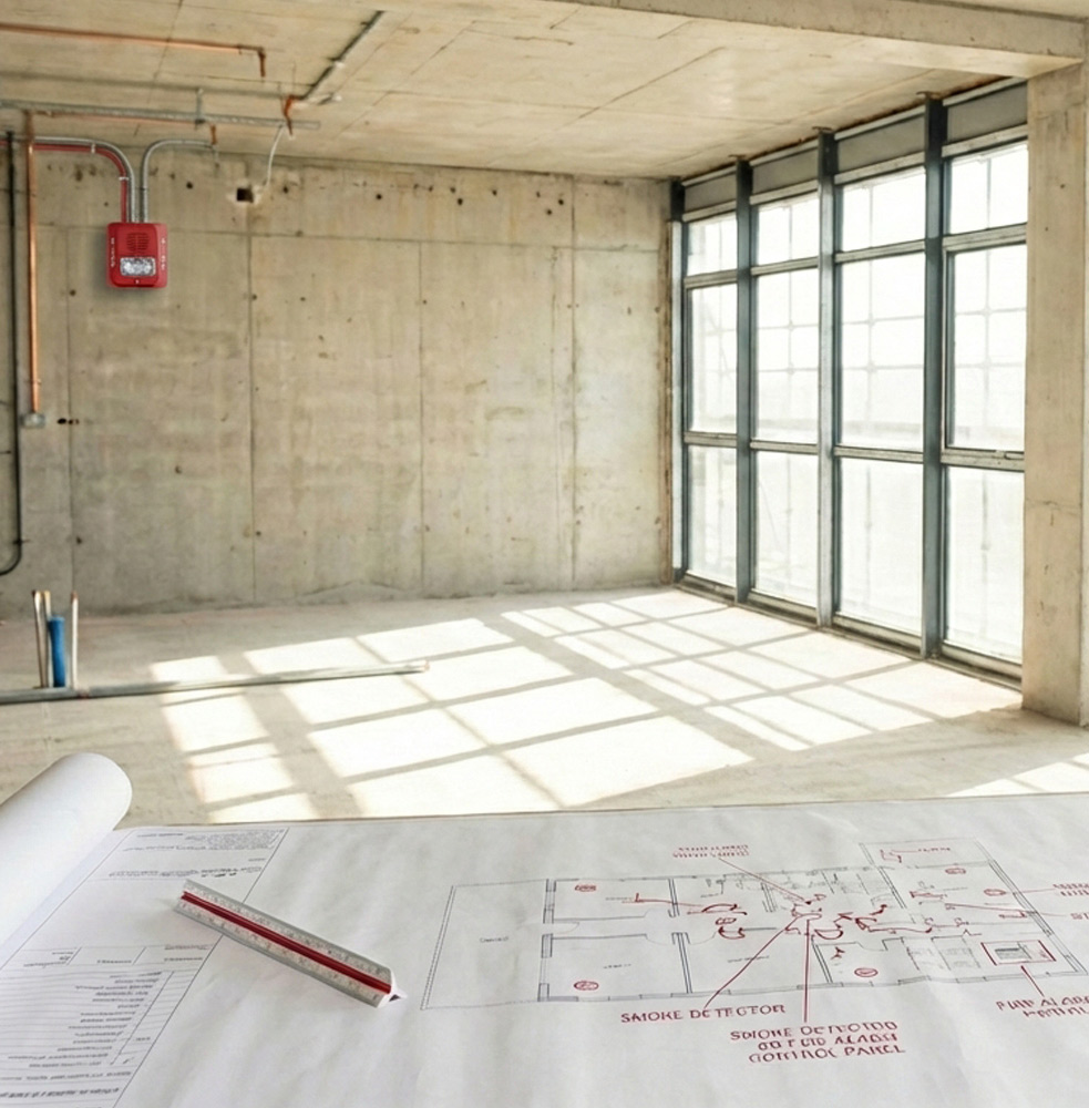 Blueprints in building with fire alarm