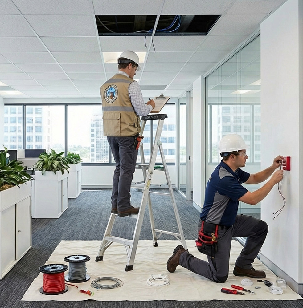 Two men installing fire alarm system